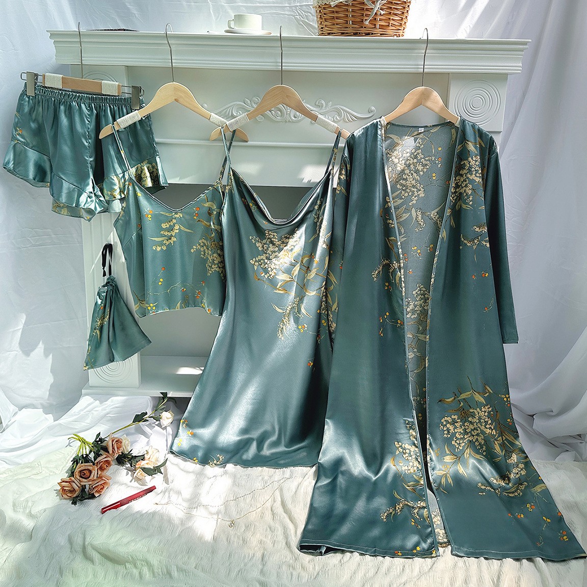 家居服简约五件套 印花小樱桃睡衣女 薄款睡袍吊带短裤吊带裙套装