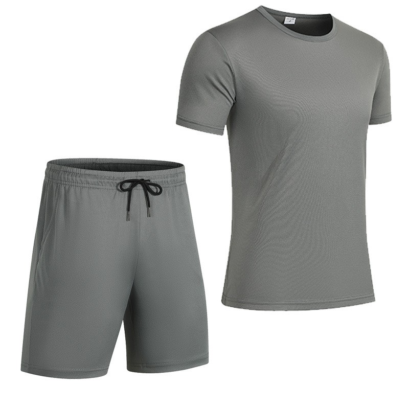 跨境时尚男式短袖光板同色网眼套装件套夏季休闲跑步健身运动服