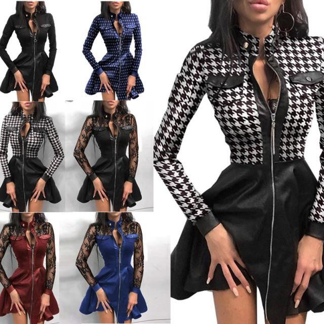 亚马逊速卖通外贸秋冬新款时尚皮拼接收腰长袖连衣裙女