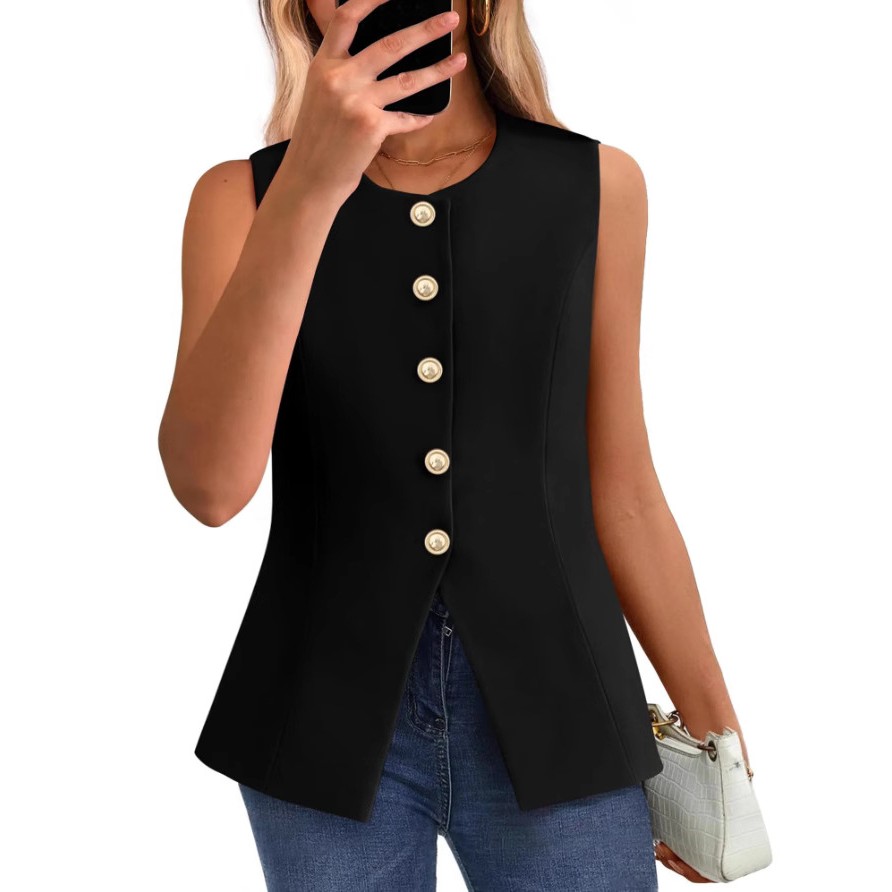 欧美女士时尚纽扣圆领无袖西装马甲