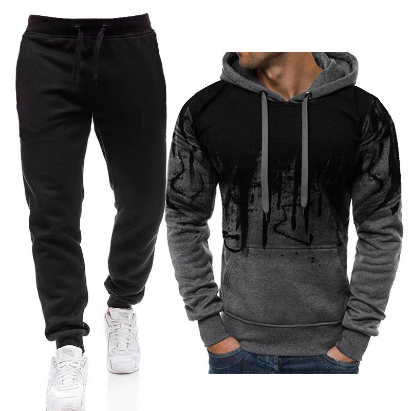 外贸欧美秋冬抓绒男式卫衣套装时尚泼墨连帽衫+卫裤宽松运动套装