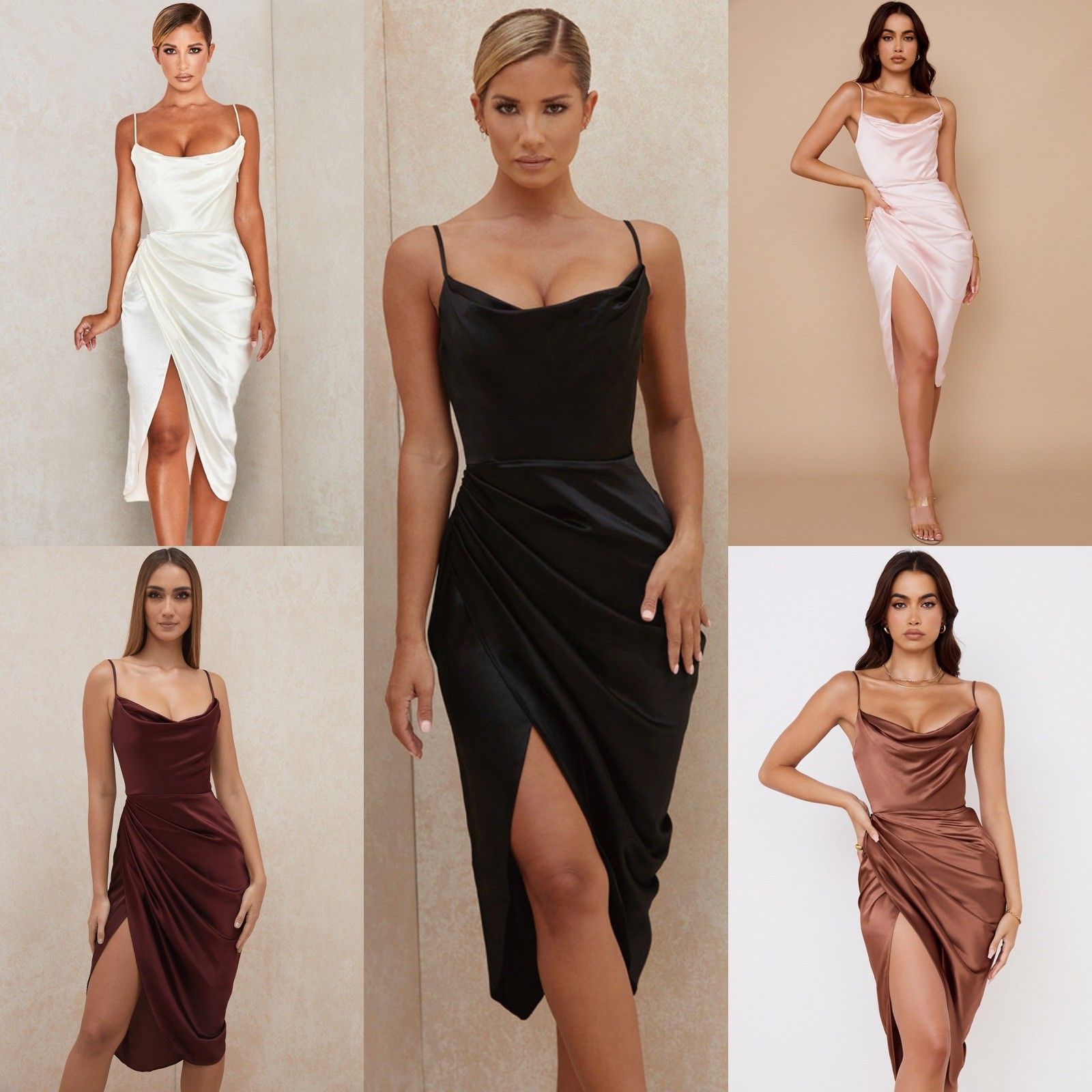 欧美外贸夏季女装吊带领不规则抽褶中腰纯色缎面针织礼服连衣裙