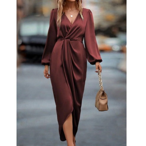 跨境外贸亚马逊新款欧美女装时尚纯色收腰开叉领长袖连衣裙女