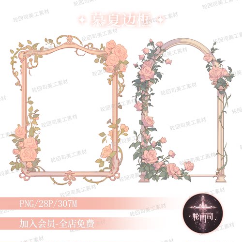 复古欧式花卉穆夏风边框洛可可画框png免扣图片海报设计美工素材