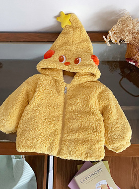 儿童加绒外套2025冬季新款连帽卡通星星图案加绒毛毛黄色短款外套