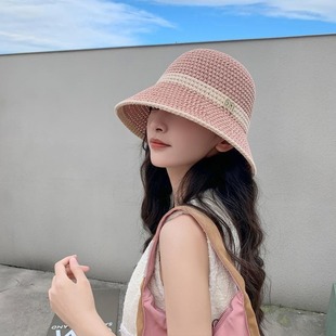 针织镂空透气渔夫帽子女字母百搭休闲遮阳防晒帽薄款 夏季 水桶盆帽