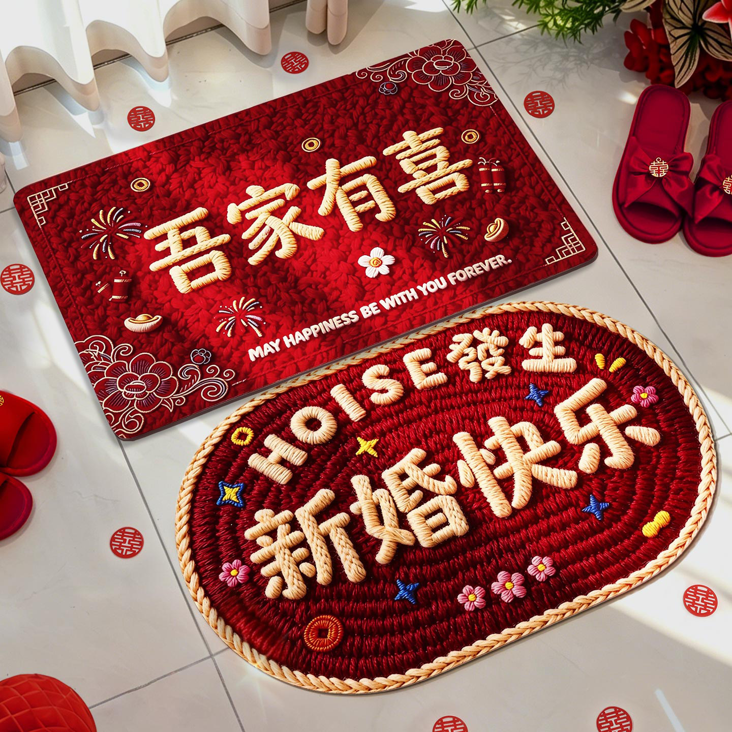 结婚床边地垫入户门红色婚礼喜事用品礼物装饰地毯婚房布置脚门垫
