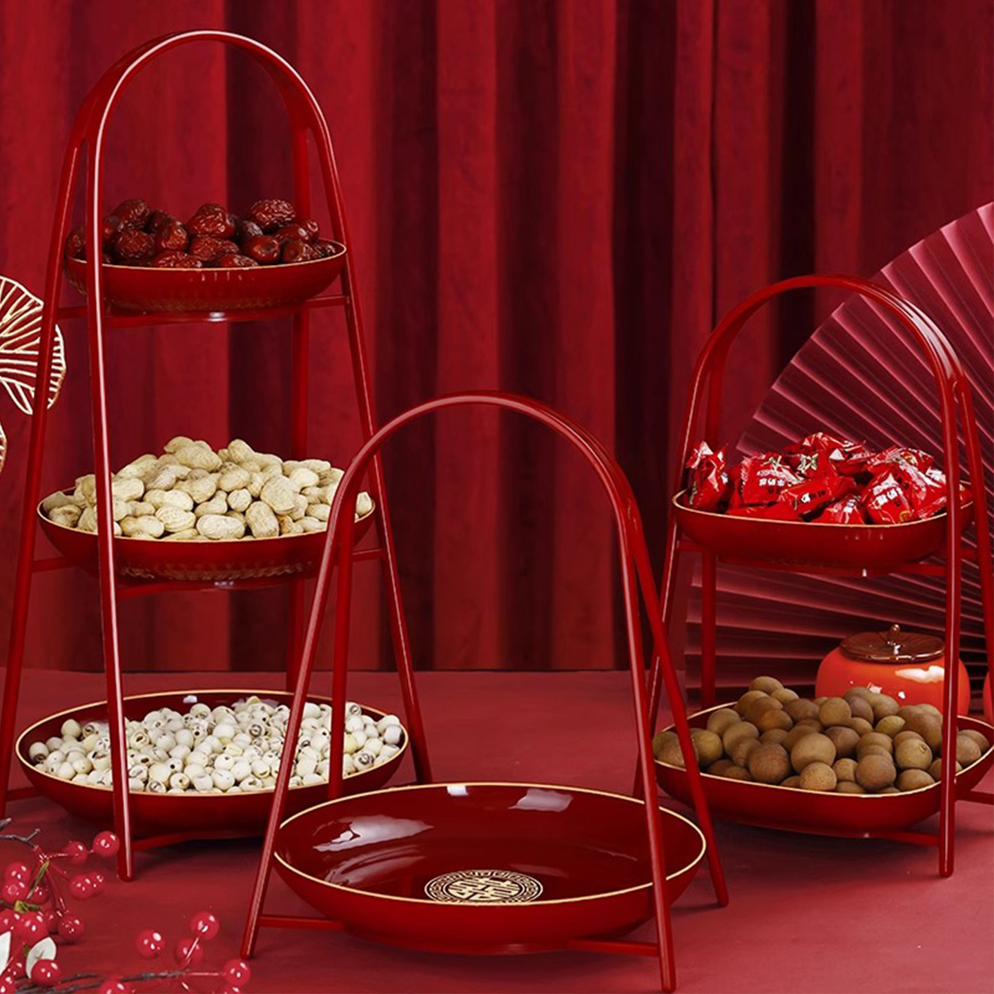 中式多层果盘红色喜糖盘子