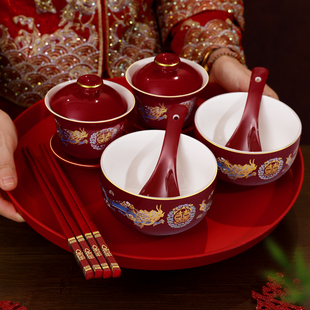 结婚敬茶杯套装陪嫁用品改口敬酒茶杯喜碗婚礼红色碗筷对碗用品