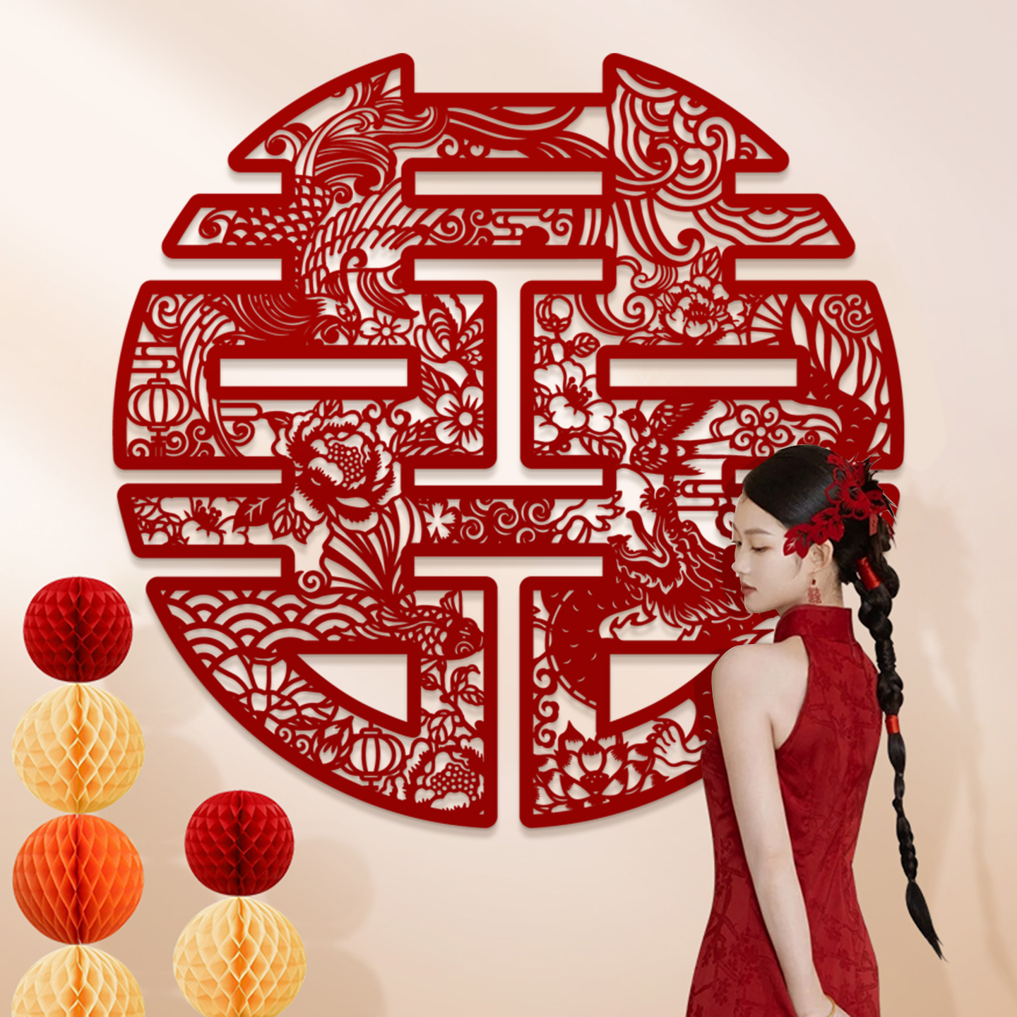 结婚超大喜字婚房楼梯背景墙布置