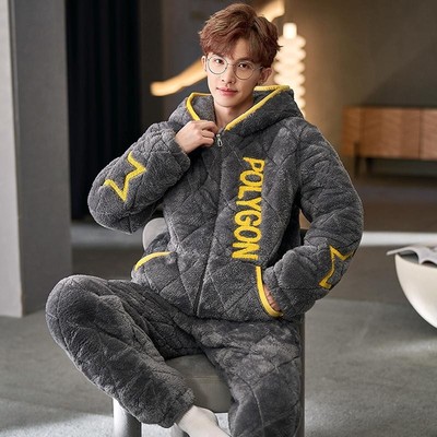 男士睡衣秋冬季珊瑚绒三层夹棉加厚加绒冬款2025新款青少年家居服