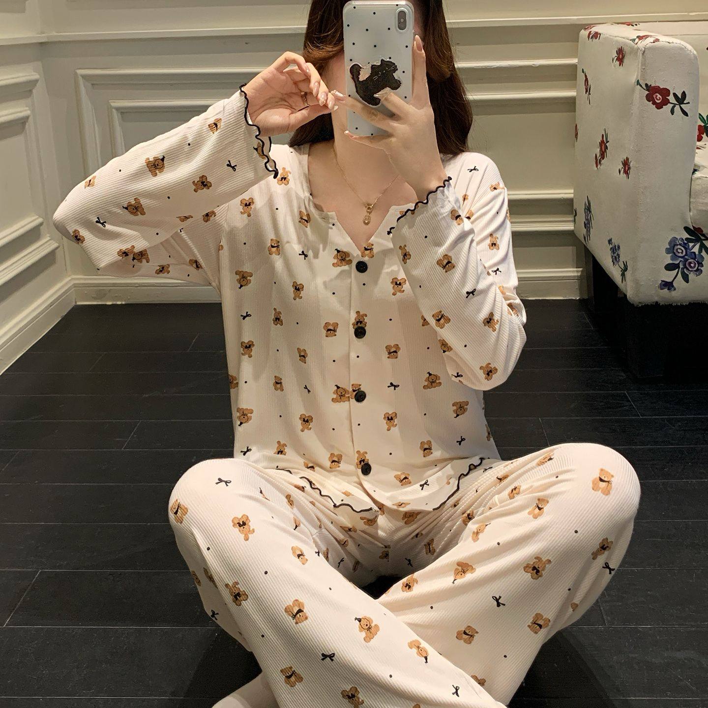 莫代尔睡衣女春秋季长袖开衫小熊印花甜美可爱秋季家居服套装薄款,女士内衣/男士内衣/家居服,睡衣/家居服套装,淘宝优惠券,粉丝福利购,淘宝优惠卷