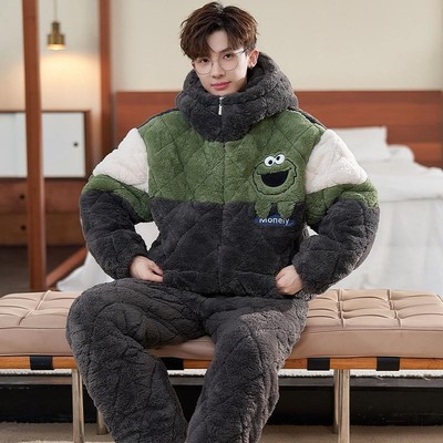 睡衣男款秋冬季珊瑚绒加绒加厚三层夹棉连帽青少年卡通家居服套装