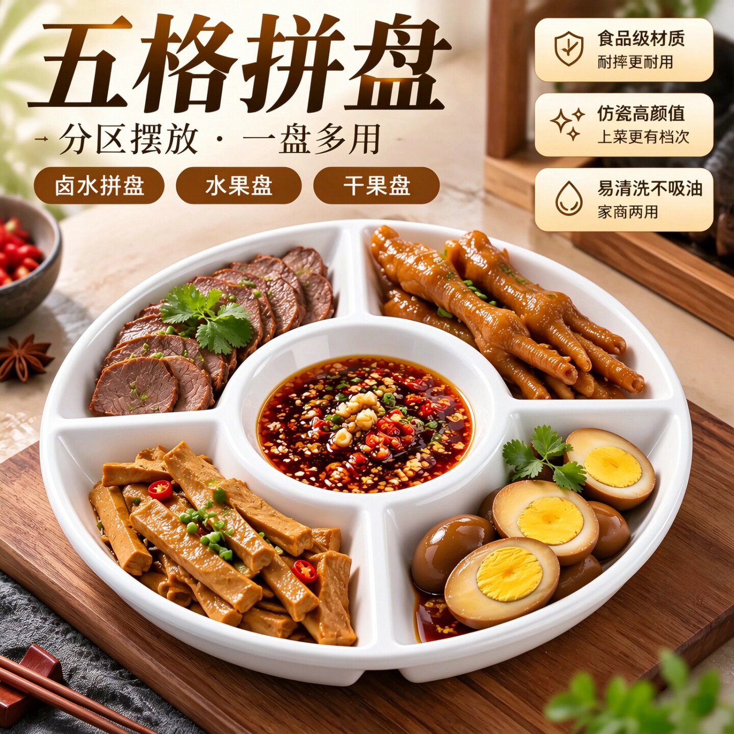 仿瓷密胺多格餐盘家用卤味拼盘