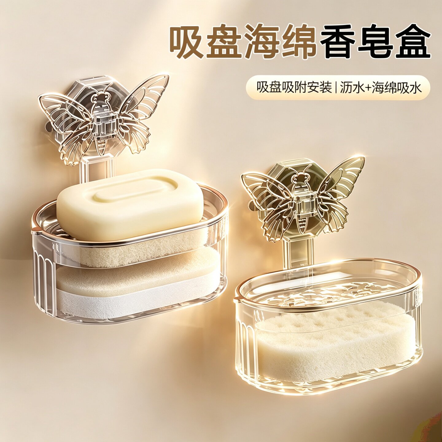 蝴蝶吸盘免打孔双层沥水皂盒