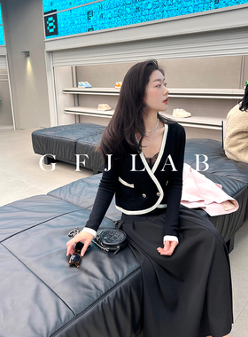 gfjlab福利款优雅感显身材黑白香风长袖高腰开衫外套女士百搭显瘦