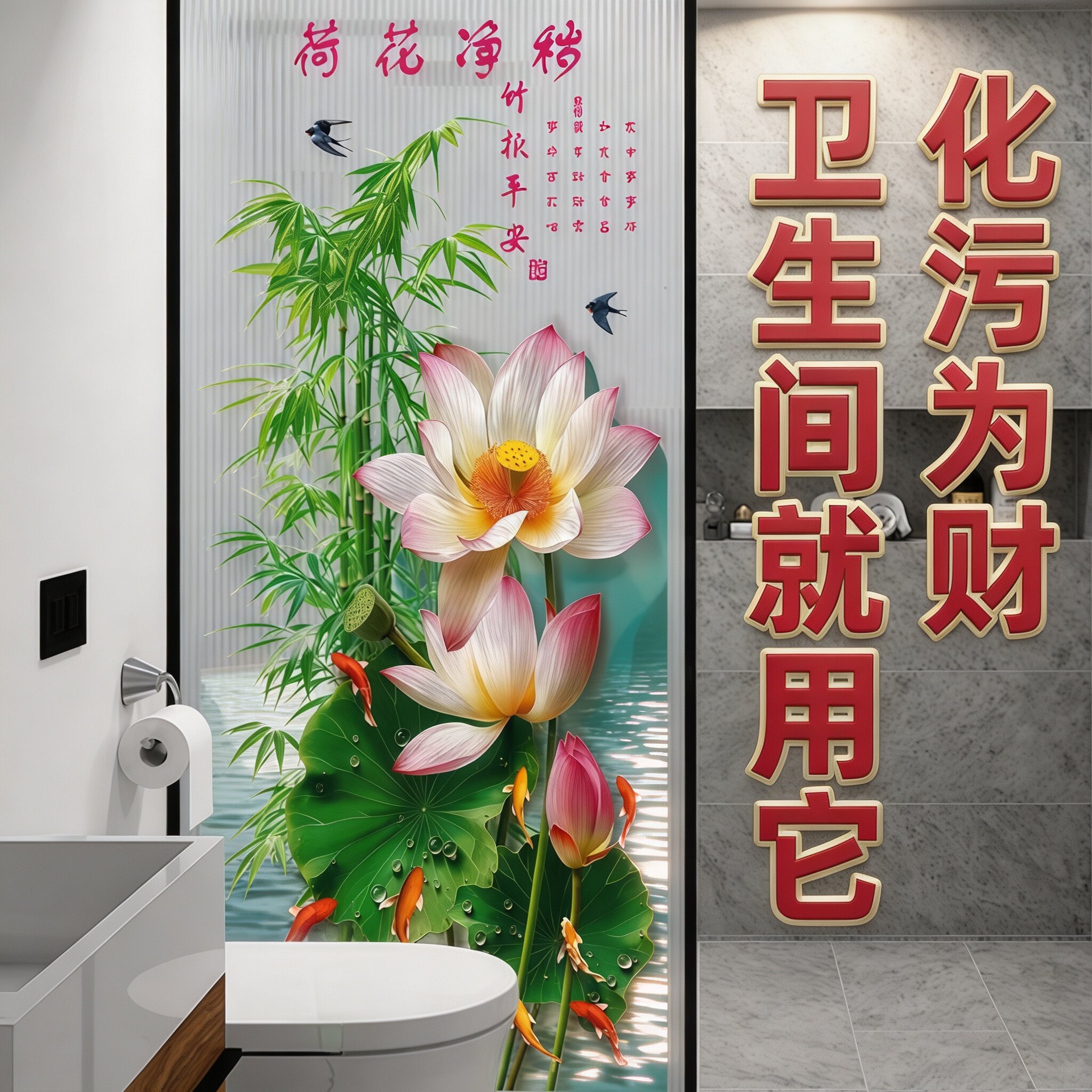 卫生间静电荷花无痕玻璃贴纸