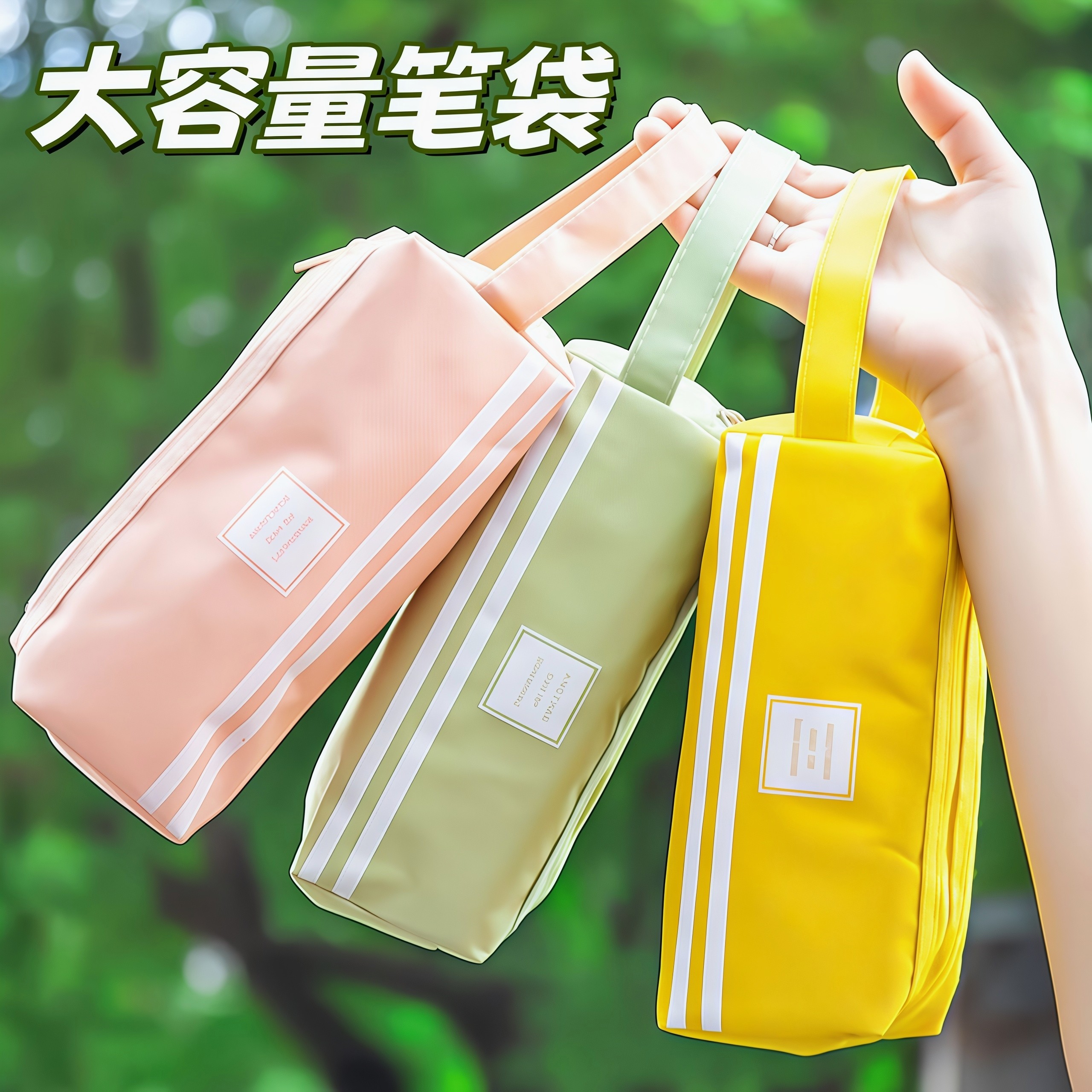 创意纯色双层大容量笔袋便携简约文具盒双拉链考试铅笔手文具袋