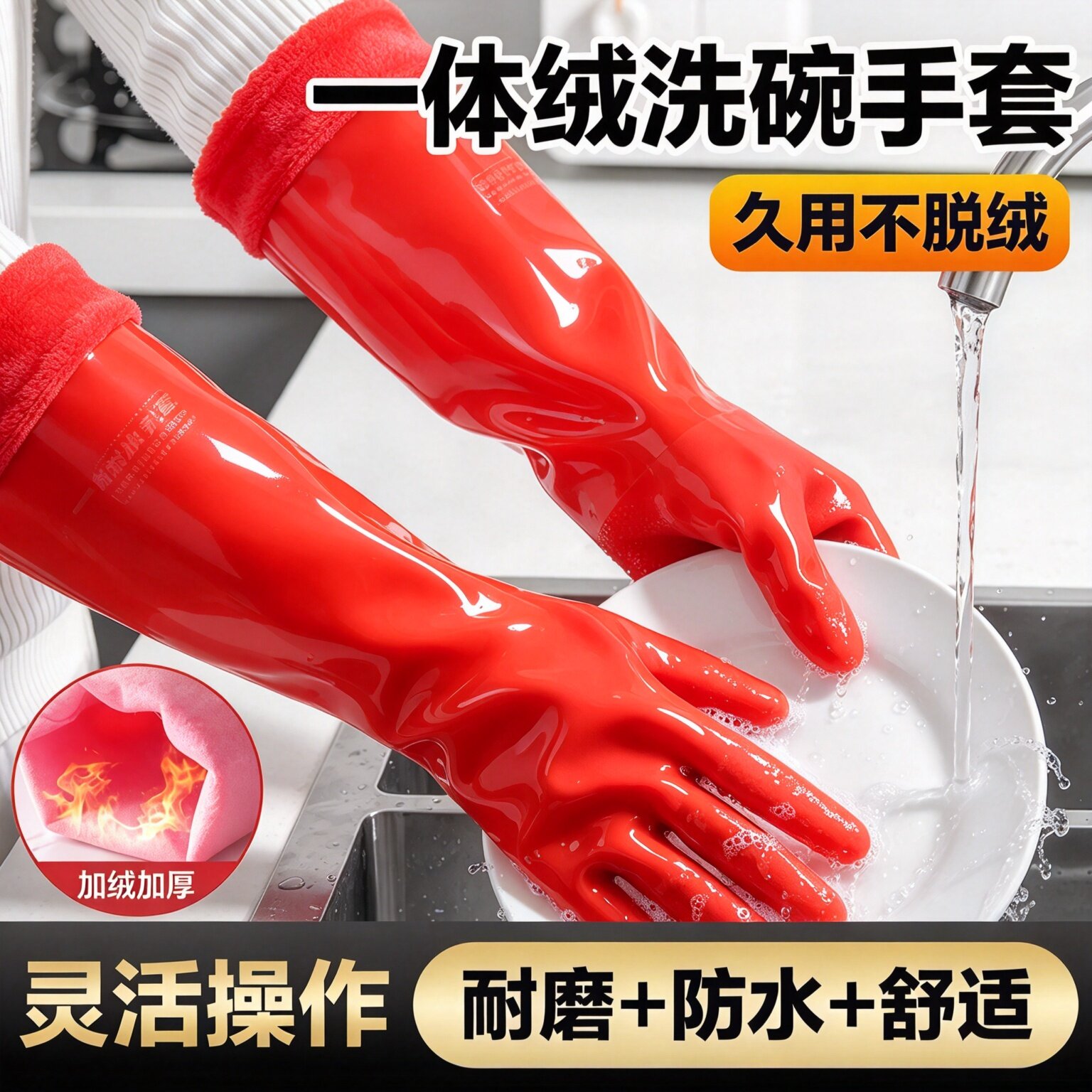 加绒加厚防水耐用橡胶洗碗手套