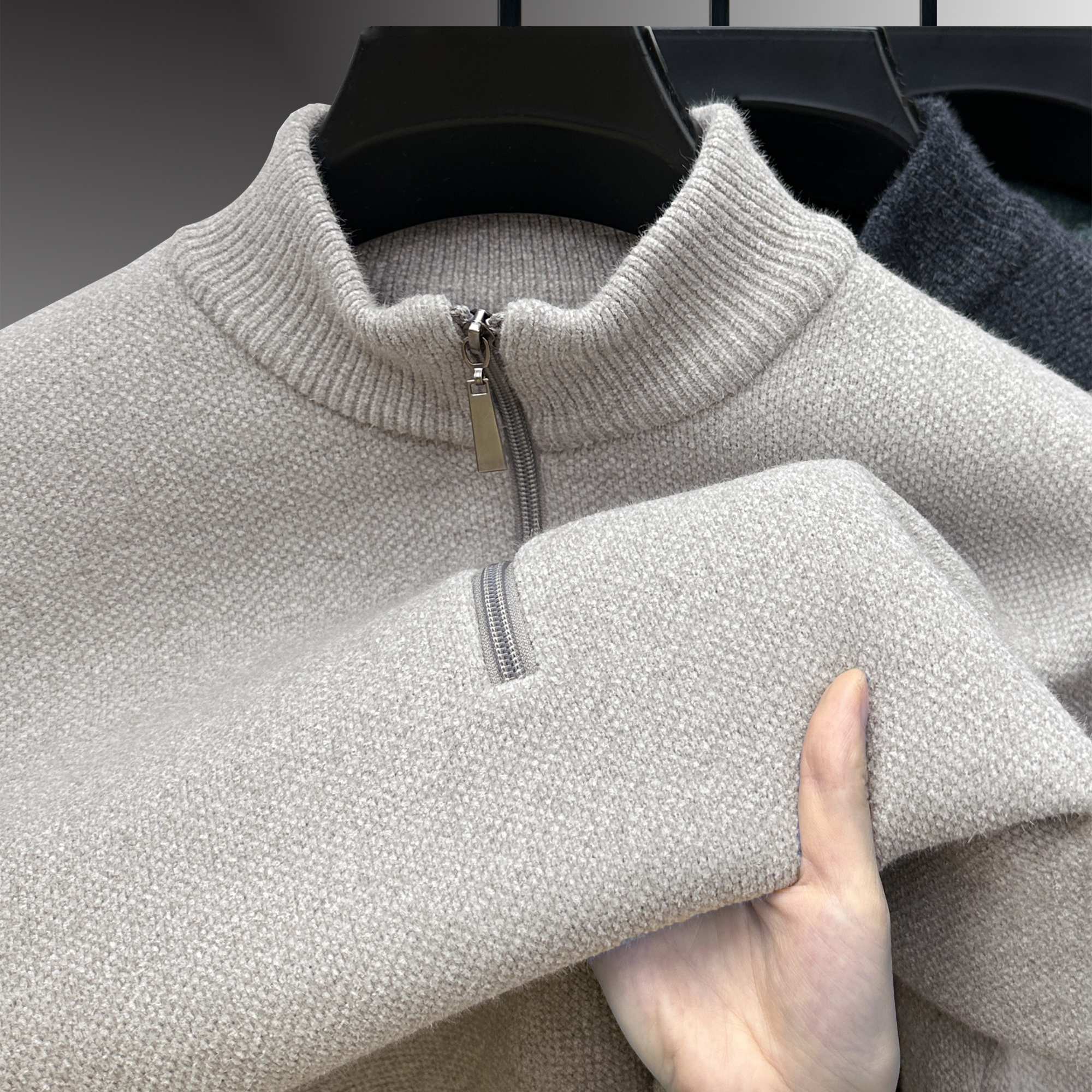 半拉链立领毛衣男加绒加厚