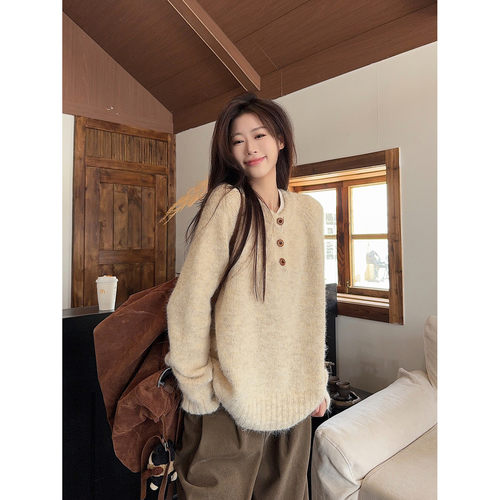 亨利领针织毛衣女秋冬加厚保暖纽扣设计长袖时髦软糯内搭打底上衣