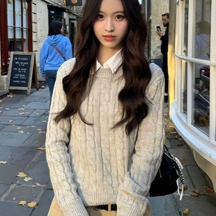 灰色简约百搭绞花拼色毛衣女秋冬圆领套头针织衫韩系软糯麻花上衣