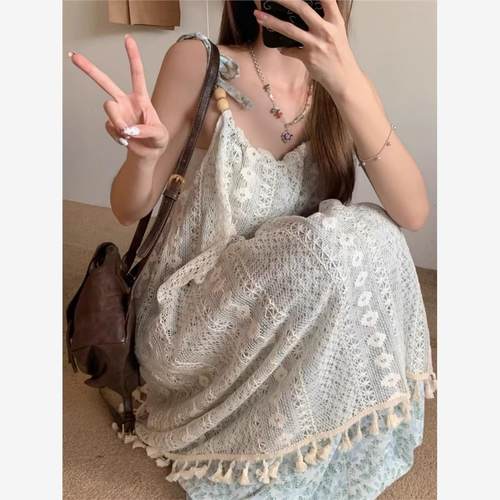 法式复古流苏拼接甜美连