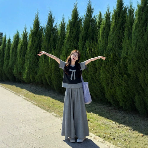 大码女装夏季韩系穿搭套装女时尚显瘦遮肉短袖休闲阔腿裤两件套