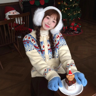 费尔岛毛衣女秋季撞色提花针织开衫宽松加厚外套小众设计感上衣潮