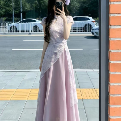 新中式改良国风暗纹印花旗袍收腰琉光纱裙2026夏绝美超好看连衣裙