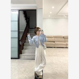 小众蓝色内搭针织衫毛衣女春季设计感慵懒风长袖上衣短款开衫外套