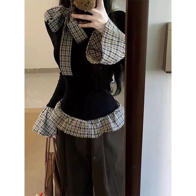 韩系chic假两件长袖t恤女春秋新款格纹拼接修身内搭打底衫上衣潮