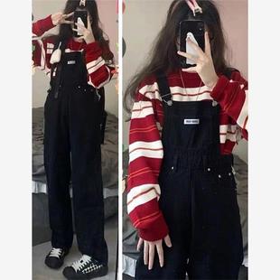 学院风小个子牛仔背带裤女2024新款春夏宽松阔腿显瘦裤子两件套潮