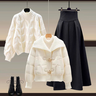 秋冬季套装裙女小香风穿搭牛角扣棉服外套麻花毛衣半身裙子三件套