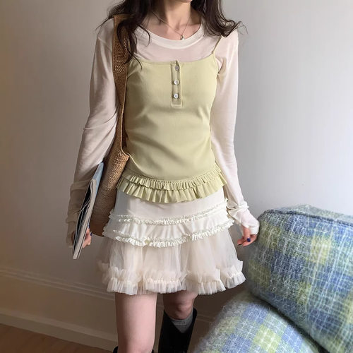 薇颂女装2026春季新款韩系甜美风减龄花边吊带+打底上衣两件套装