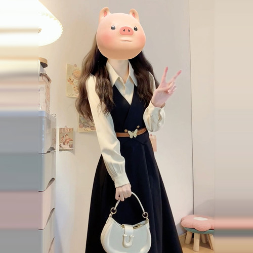 学院风假两件长袖衬衫连