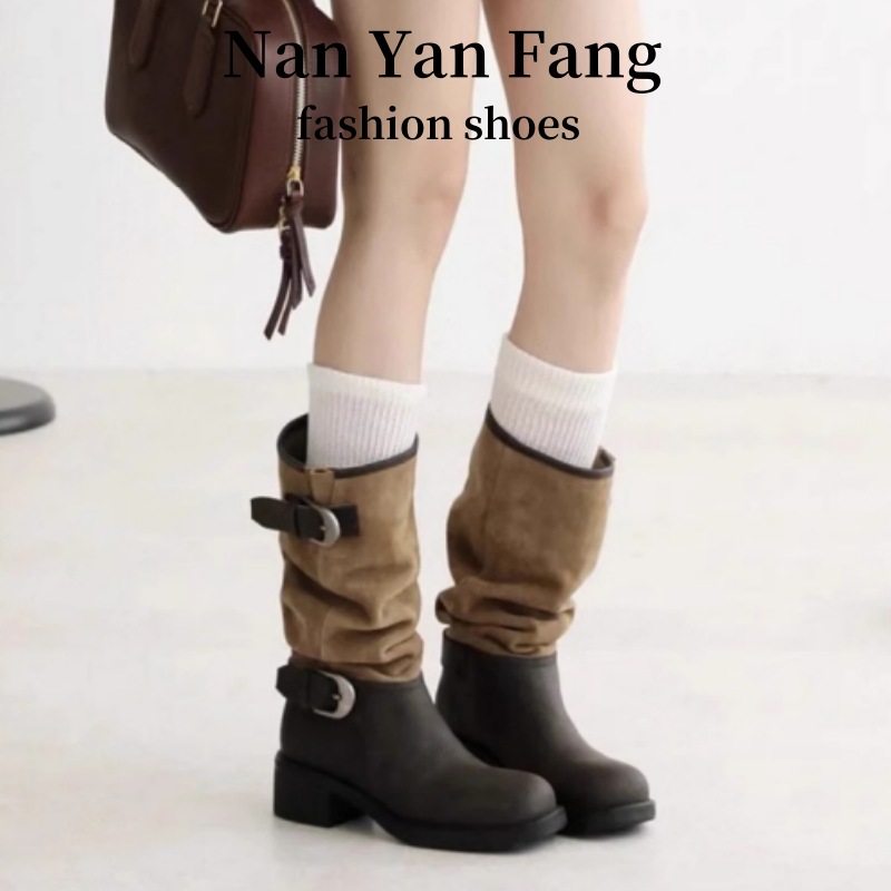 马思纯同款~增高4/7cm时髦扣带圆头拼接粗跟骑士长筒靴女堆堆短靴