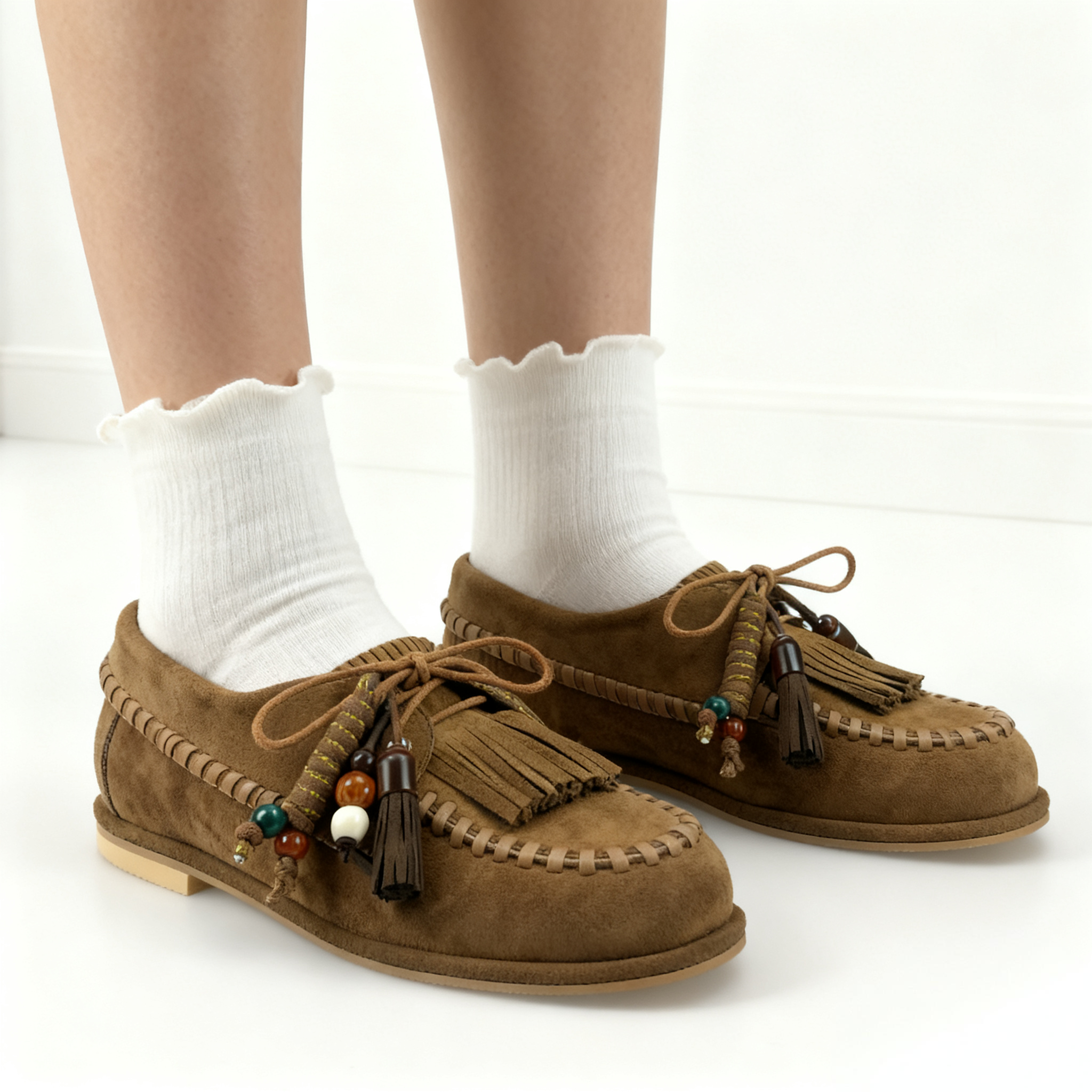 真皮流苏编织乐福鞋女平底百搭