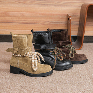 2025秋冬款复古大码马丁靴女翻毛皮中筒短靴系带工装靴圆头袋鼠靴