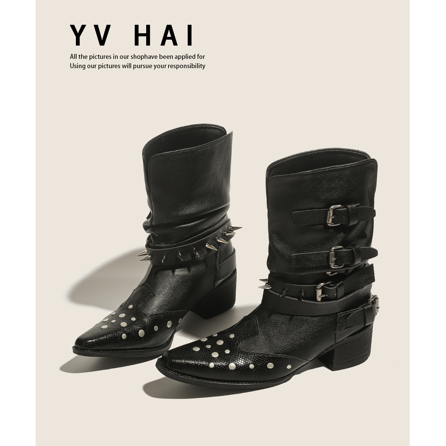 大码辣妹马丁靴女款2025秋季英伦风尖头粗跟铆钉短靴西部牛仔靴子