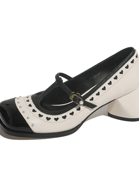 2025秋季新款牛皮版复古风玛丽珍鞋女黑白拼色粗跟方头单鞋工作鞋