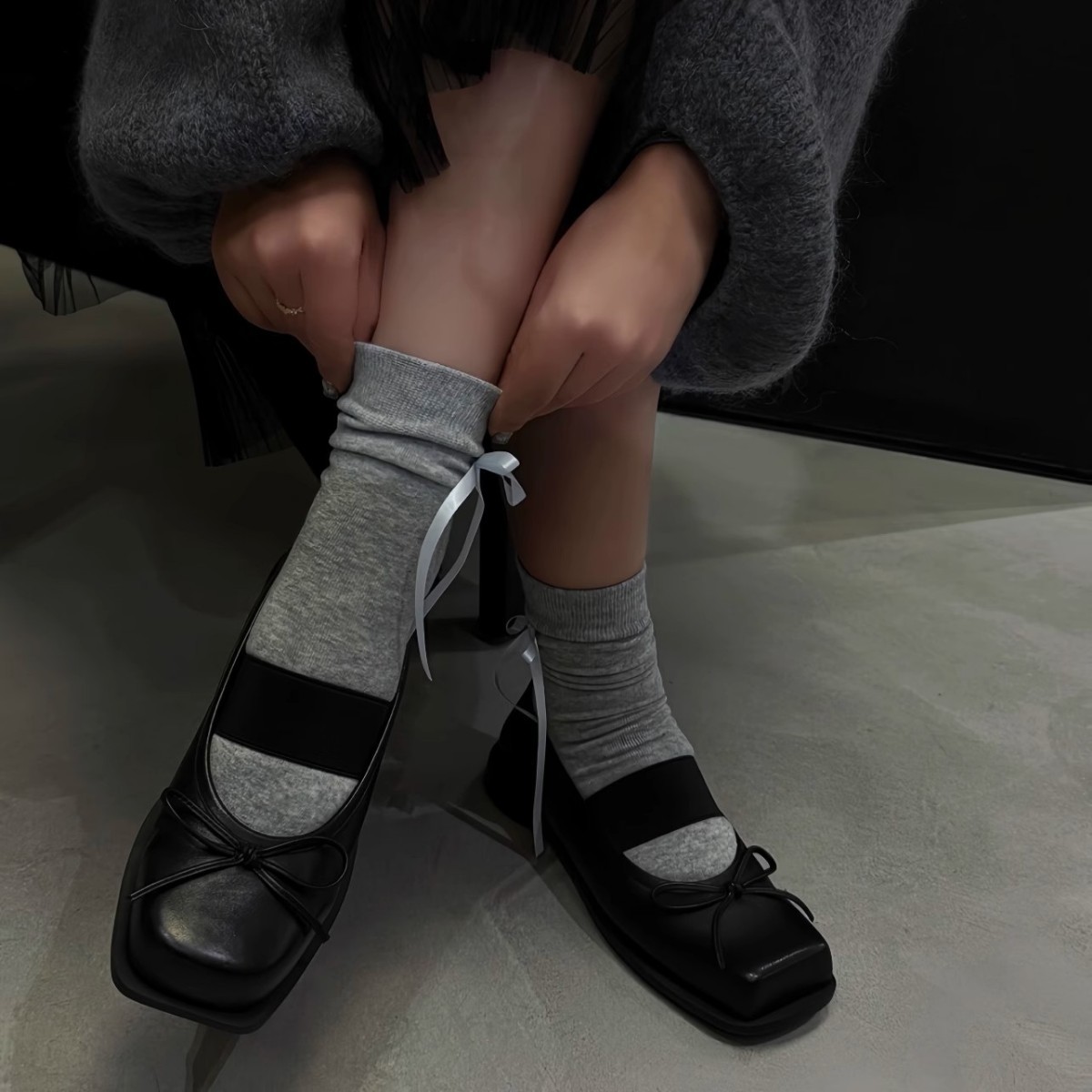 真皮韩式复古方头蝴蝶结玛丽珍鞋