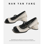 2025春秋新款爱心珍珠装饰真皮玛丽珍鞋女黑白拼色方头粗跟小皮鞋