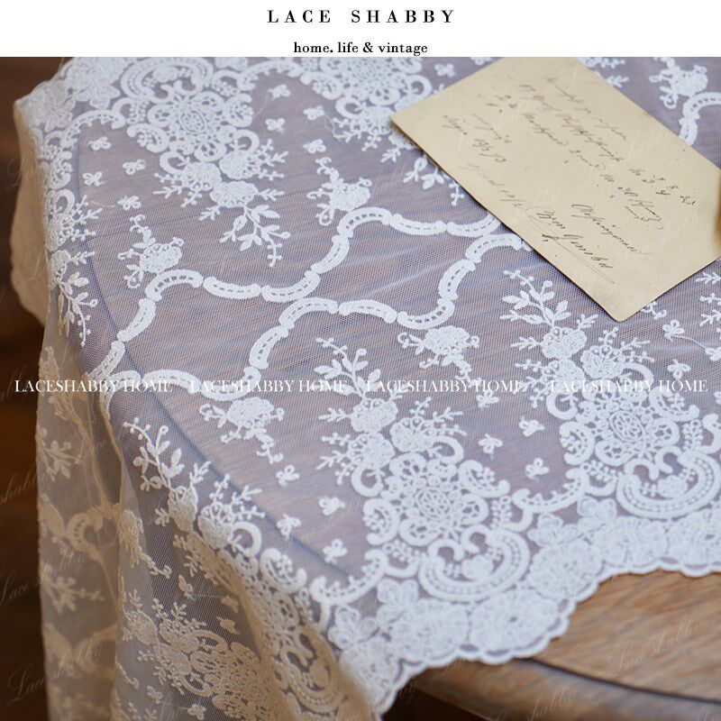 优选LACESHABBY新款法式复古浪漫米色K绣花蕾丝餐桌旗桌布防尘盖