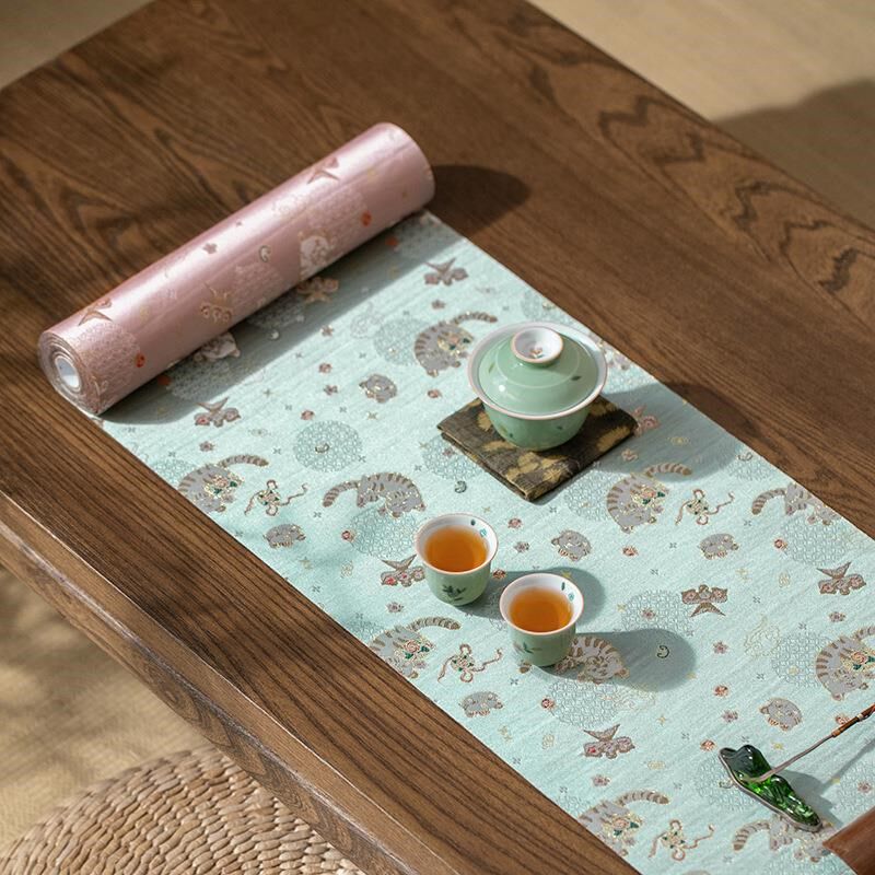 优选禅艺堂中式禅意锦缎提花织锦桌旗双面可用.桌布干泡席