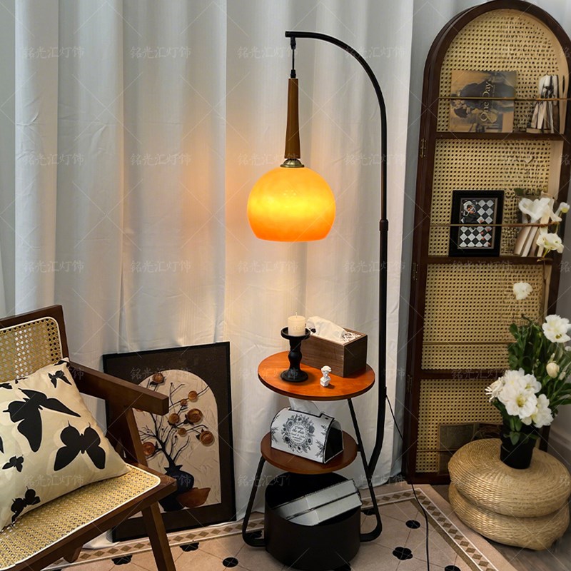 优选落地灯中古i风卧室床头柜一体置物架柚子灯客厅沙发旁氛围感
