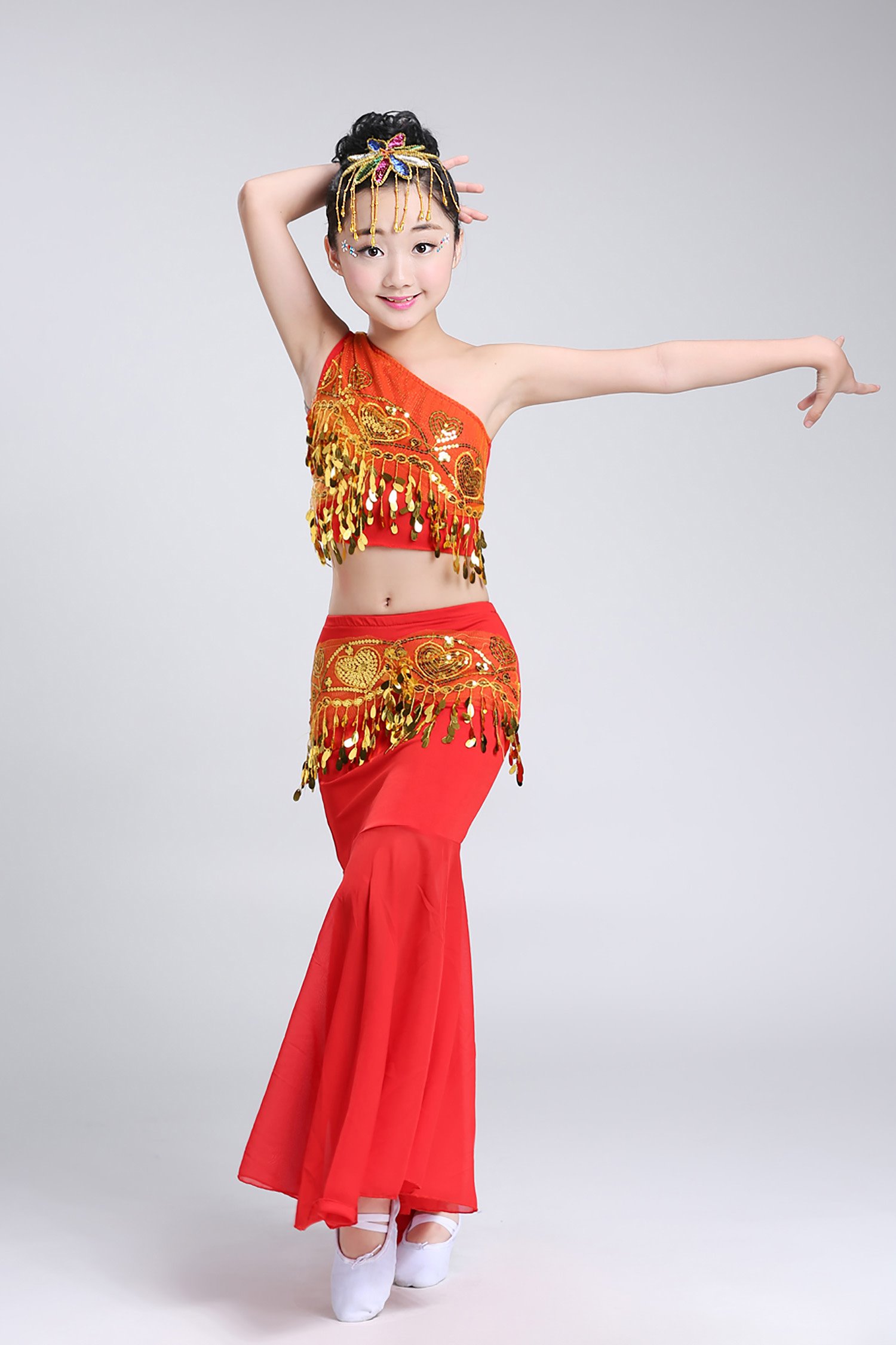 新品儿童民族舞蹈服孔雀舞演出服装女童少儿傣族鱼尾裙肚皮舞长裙