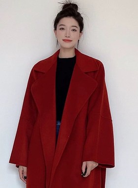 精选西西里红色双面m羊绒大衣女中长款秋冬新款结婚圣诞新年毛呢