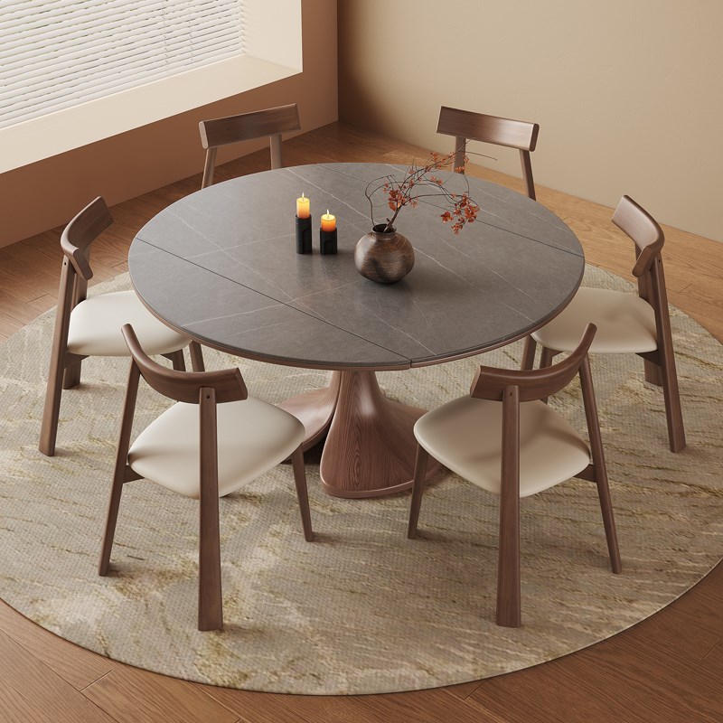 优选实木岩板餐桌椅新款家用可变圆桌中古风W小户型伸缩饭桌