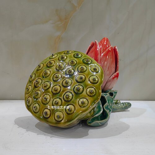 石湾公仔陶瓷莲藕莲子手工摆件